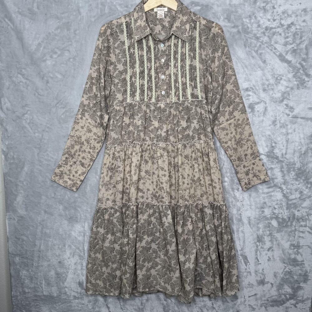 Sundance Dress Womens Small TanFloral Long Sleeve Tiered Pintuck Lace Boho